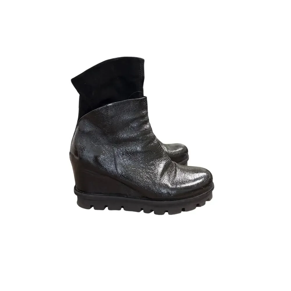 Patrizia Bonfanti Black Platform Wedge Moto Boot Sz 39